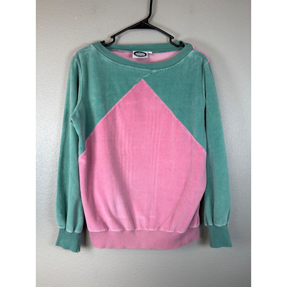 Vintage Izod Lacoste Velour Sweatshirt Pink Green Colorblock Geometric Womens M
